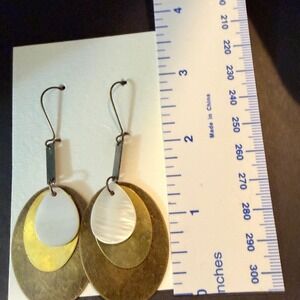 Mixed Metal Mother of Pearl, brass, Copper Drop Earrings Stephanie Aune Artist